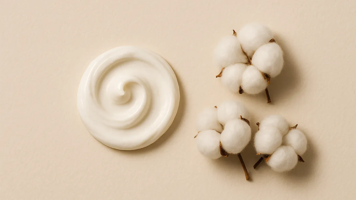 A thick swirl of plain white cream beside a few cotton bolls on cream paper