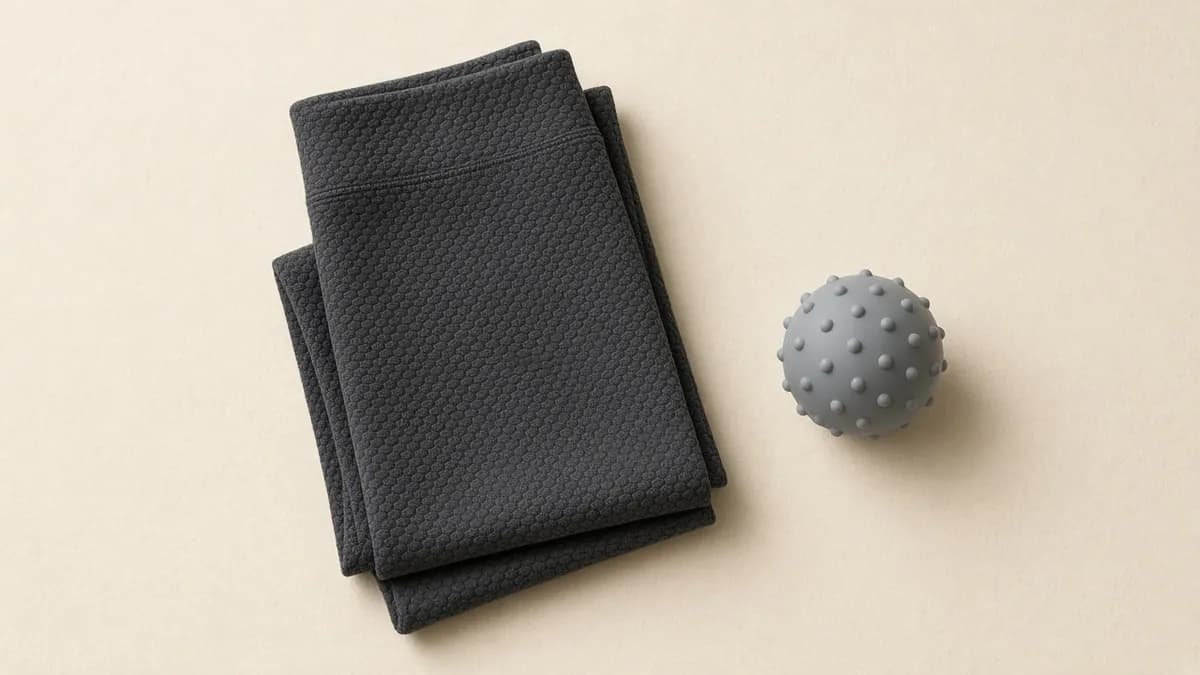 Folded charcoal textured leggings beside a grey spiky massage ball