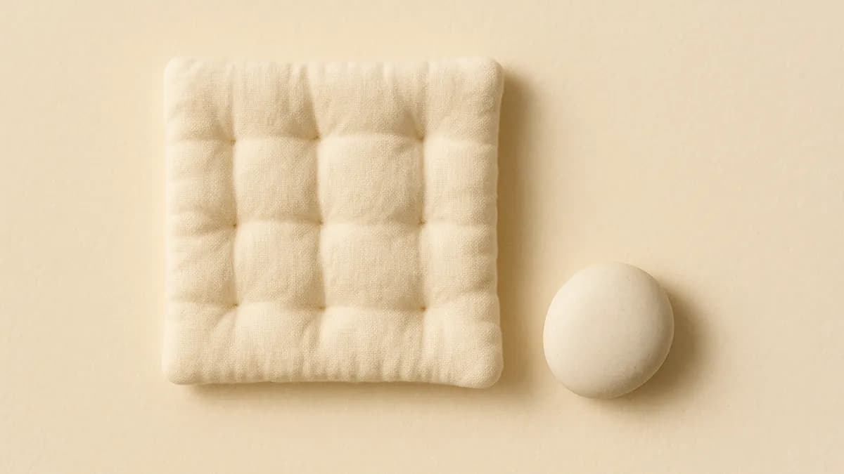A square of quilted cream fabric with dimpled tufting beside a smooth white pebble