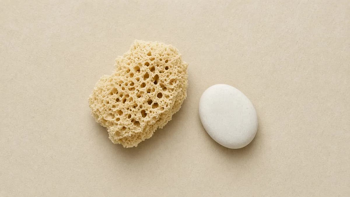 A piece of natural sponge with small round pockets beside a smooth white pebble