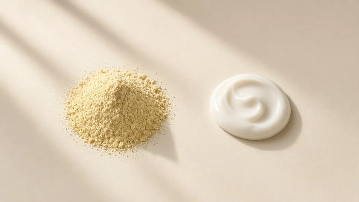 A small mound of pale yellow powder beside a smooth swirl of white sunscreen lotion on cream paper in soft sunlight