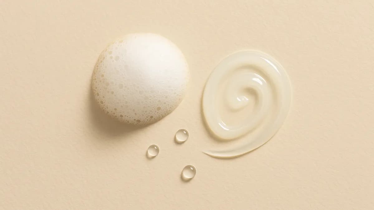 A dome of fine white foam beside a swirl of pale translucent gel and three small clear droplets on cream paper