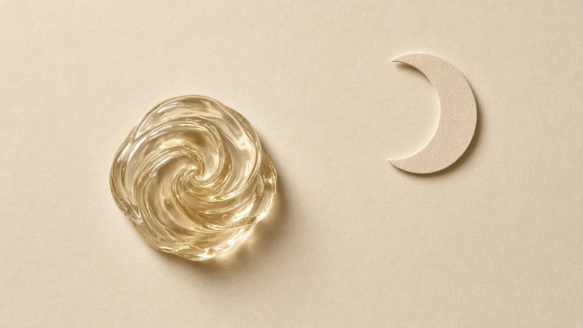 A glossy swirl of clear petrolatum beside a paper crescent moon, for overnight use