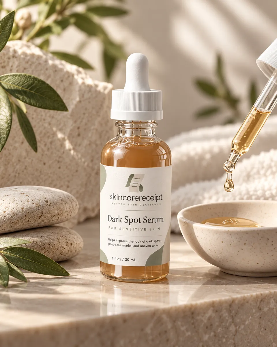 Dark Spot Serum for Sensitive Skin bottle with its dropper beside a small bowl