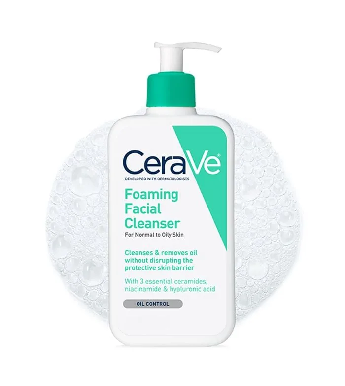 Product photo of CeraVe Foaming Facial Cleanser, showing the packaging